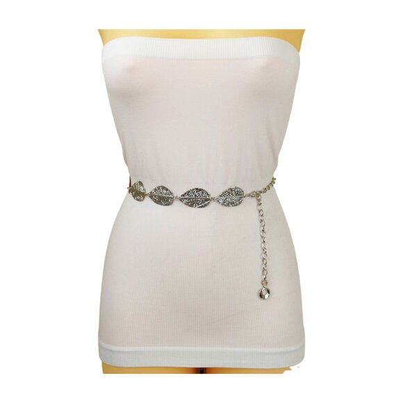 Women Silver Metal Chain Wrap Around Fashion Belt Leaf Charms Adjustable Fit S M main image 5